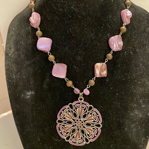 Vintage-Art Deco 34” silver tone lavender pink Czech beaded necklace & pendant